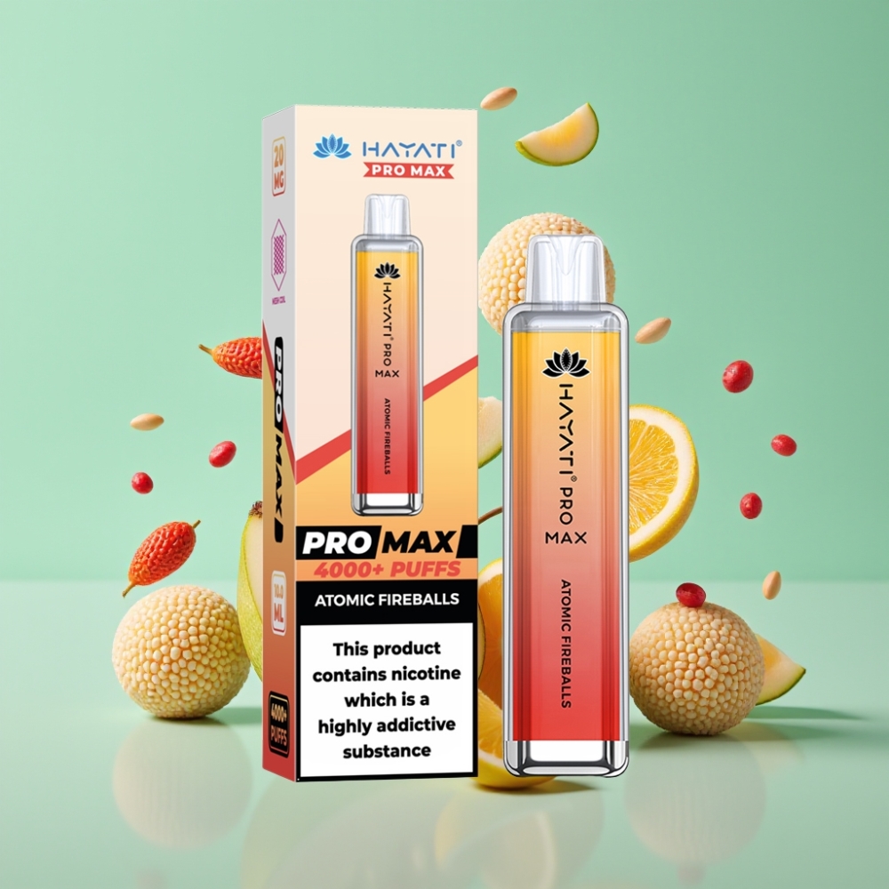 Hayati Pro Max 4000 Puffs Disposable Vape Atominiai Ugnies Kamuoliai, 28×28×120mm, 1400mAh, 2ml/10ml