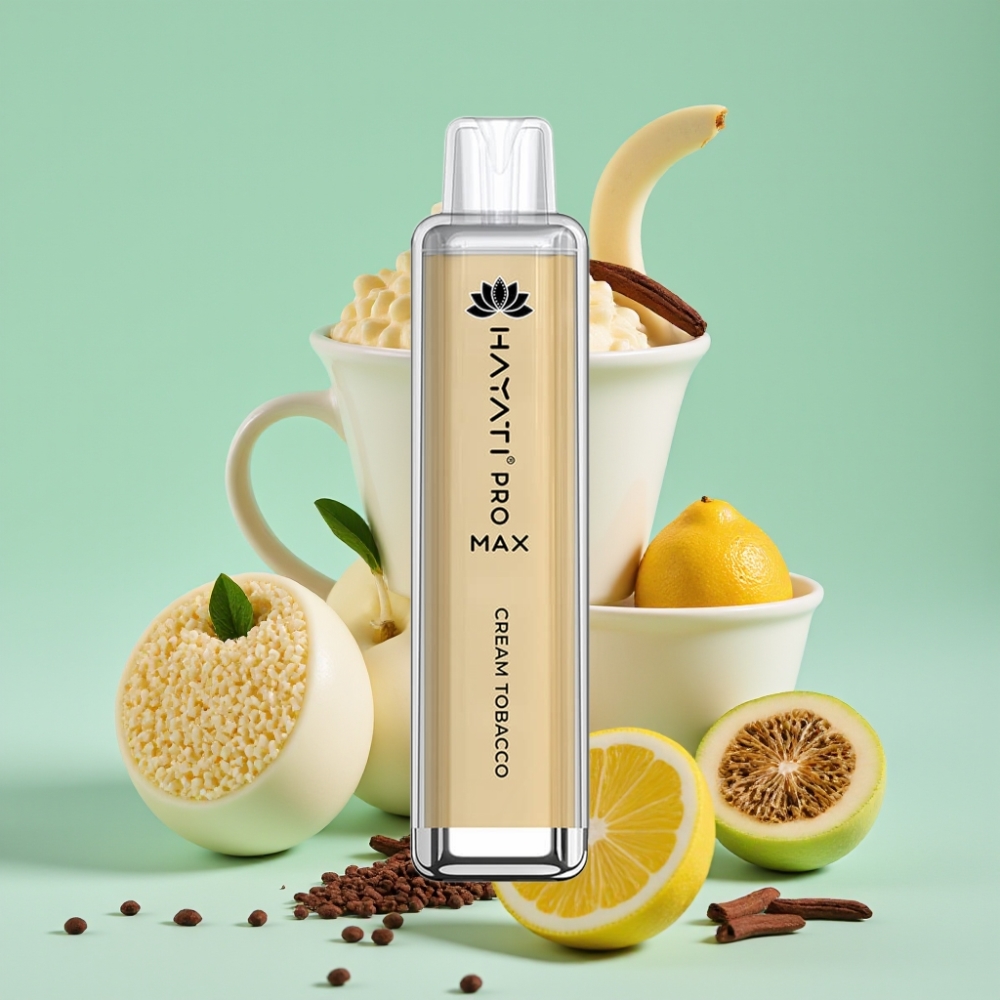 Hayati Pro Max 4000 Puffs Disposable Vape Kremo Tabakas, 2%/5% Nikotino, 1400mAh, 28×28×120mm