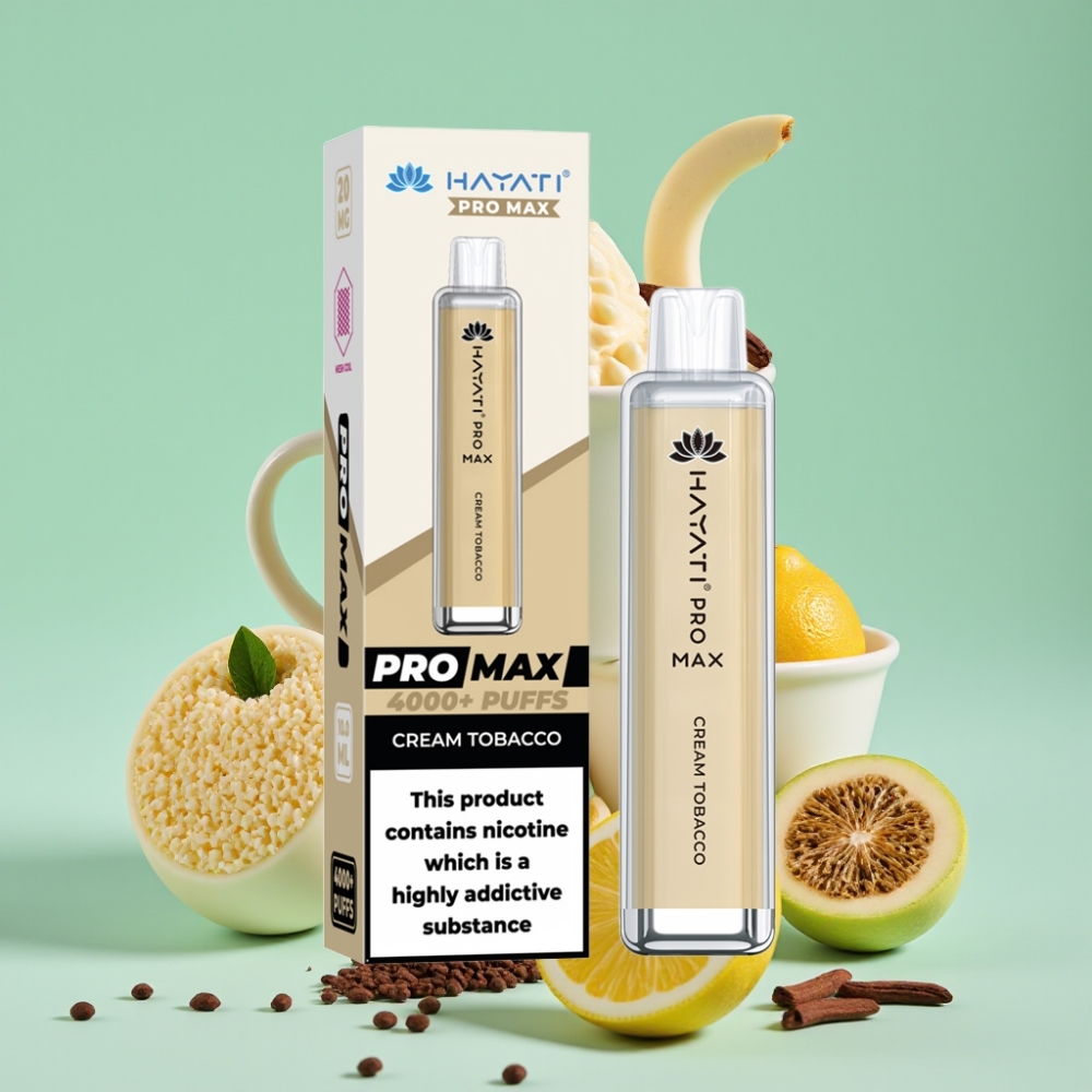 Hayati Pro Max 4000 Puffs Disposable Vape Kremo Tabakas, 2%/5% Nikotino, 1400mAh, 28×28×120mm
