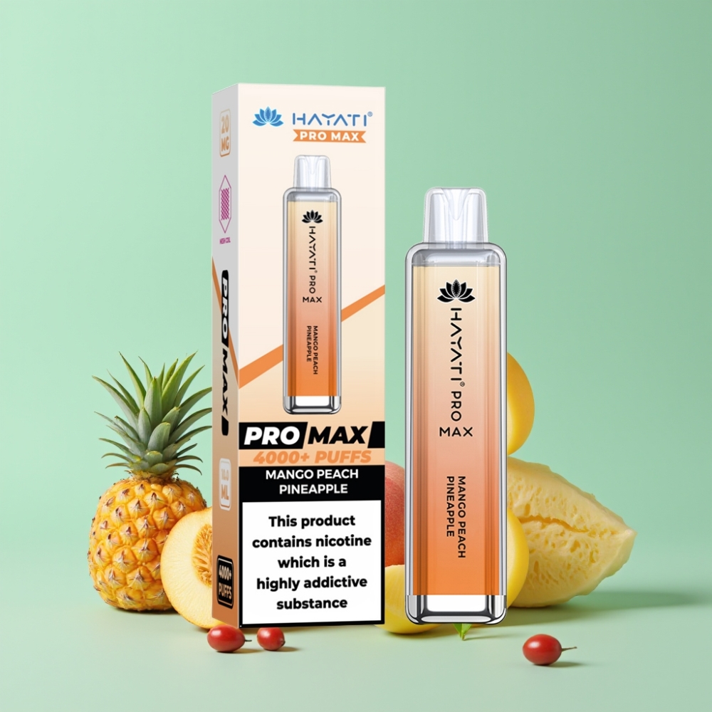 Hayati Pro Max 4000 Puffs Disposable Vape Mangų Persikų Ananasas, 2%/5% Nikotino, 1400mAh, 2ml/10ml